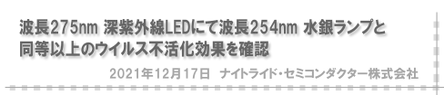 波長275nm深紫外線LEDにて波長254nm水銀ランプと同等以上のウイルス不活化効果を確認